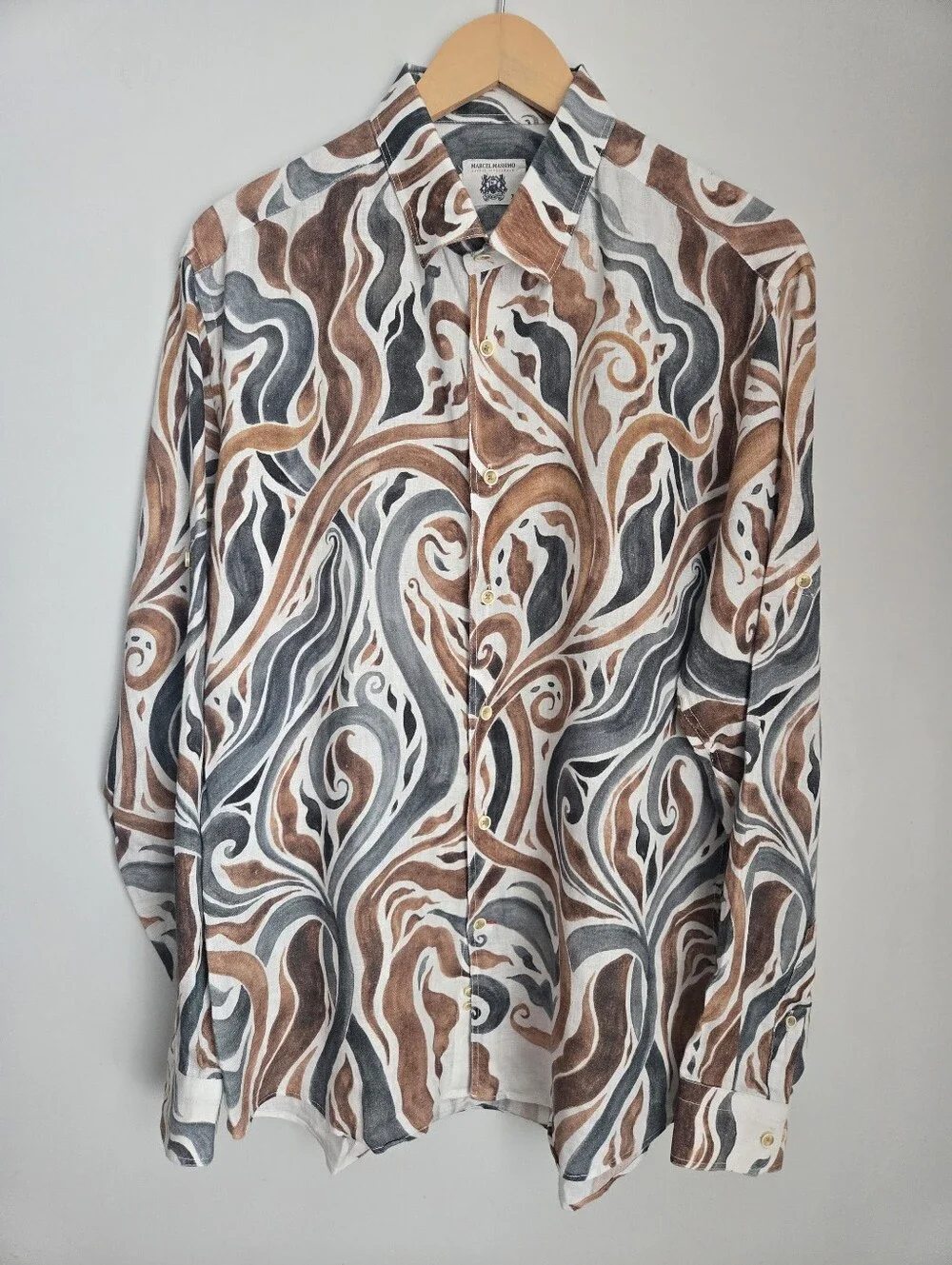 MARCEL MASSIMO Long-Sleeve Linen Shirt in Brown & Gray Button-Up - Picture 1 of 15